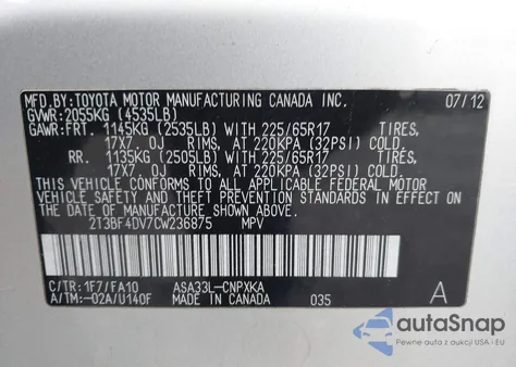 2012 Toyota Rav4 from USA, damaged, VIN 2T3BF4DV7CW236875